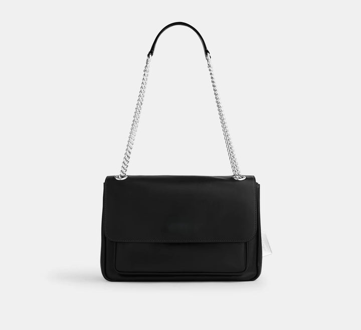 Smooth Leather Magnetic Collar Stud Flap Over Chain Crossbody Bag
