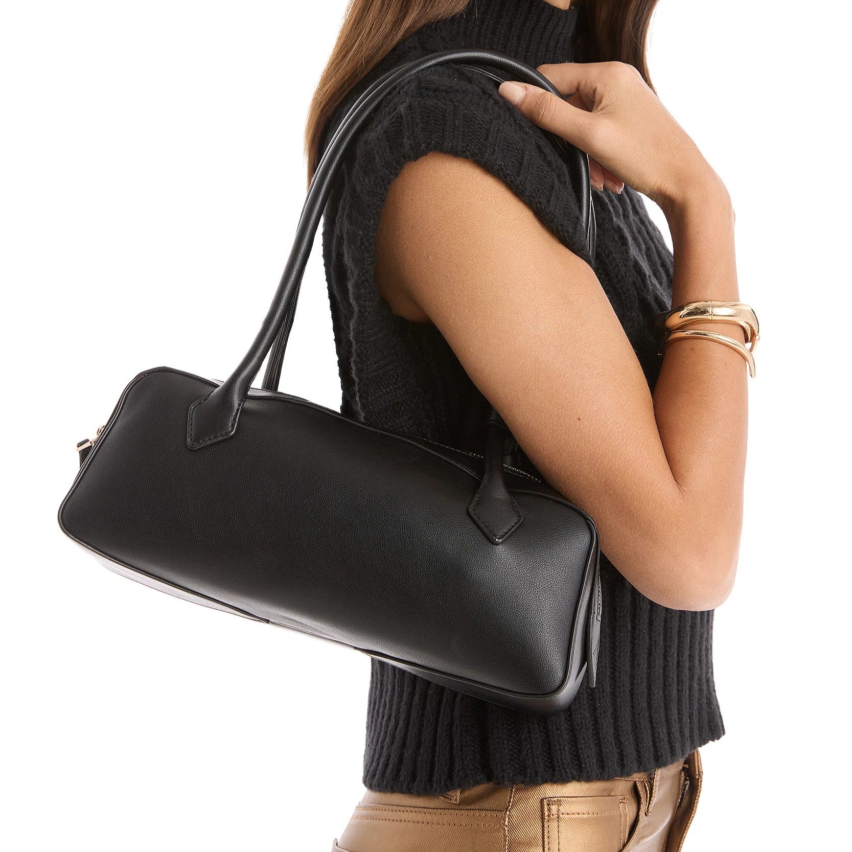 Structured Leather Slim Top Zip Shoulder Bag