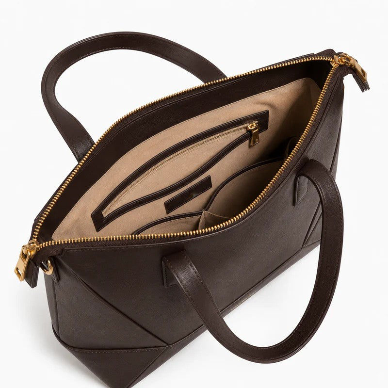 Geometric Panel Top Zip Structured Leather Tote Bag
