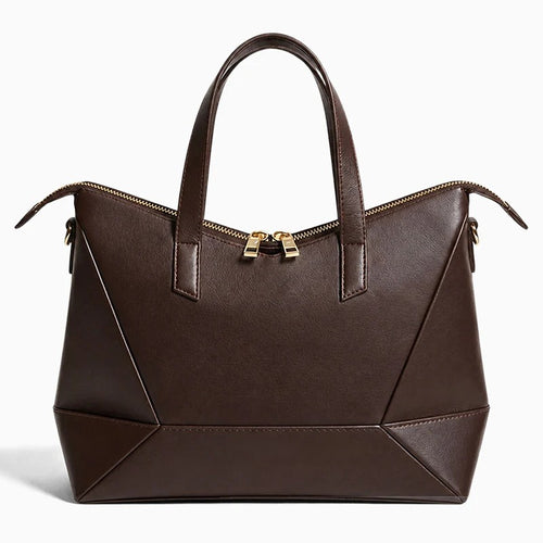 Geometric Panel Top Zip Structured Leather Tote Bag