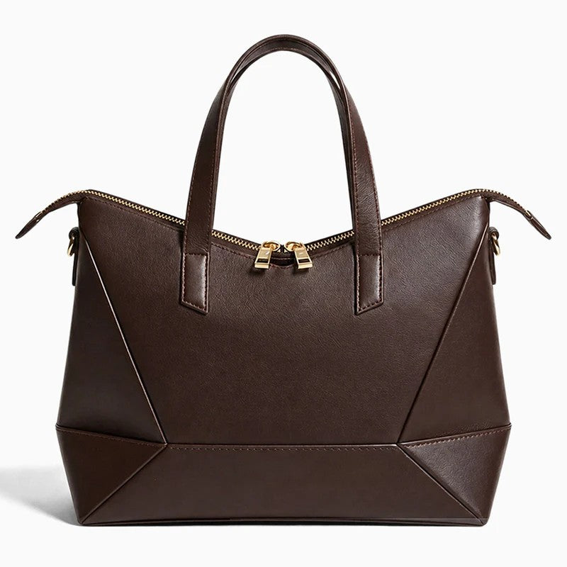 Geometric Panel Top Zip Structured Leather Tote Bag