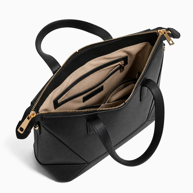 Geometric Panel Top Zip Structured Leather Tote Bag