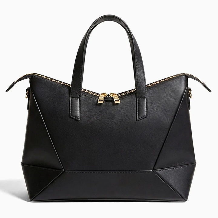 Geometric Panel Top Zip Structured Leather Tote Bag