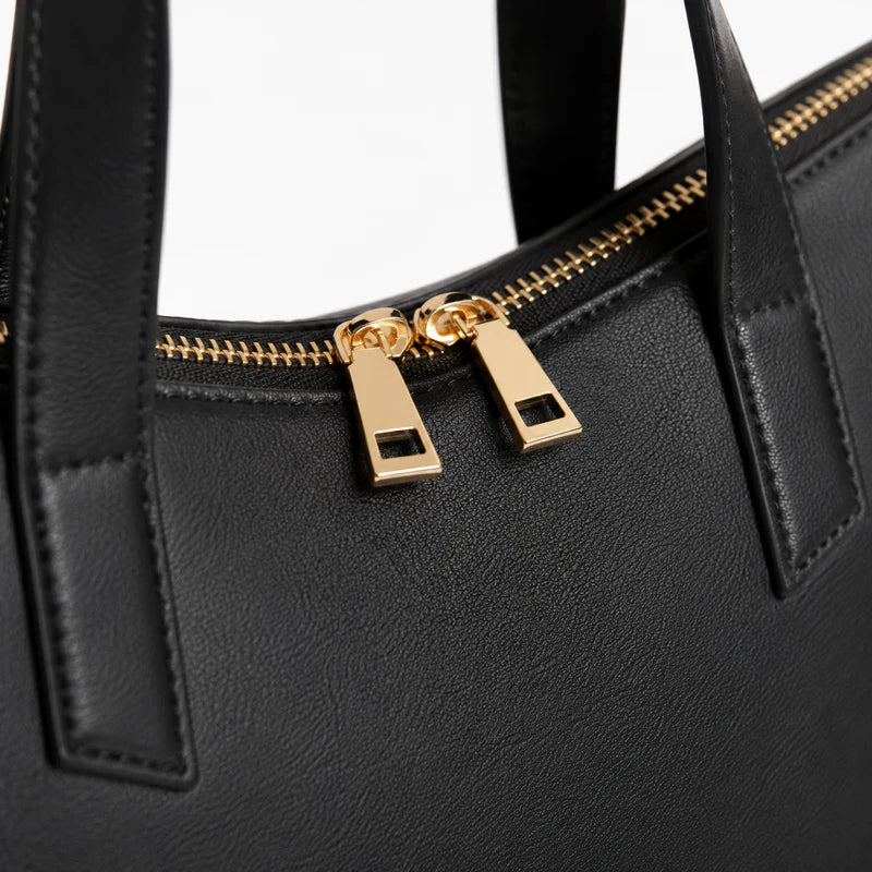 Geometric Panel Top Zip Structured Leather Tote Bag