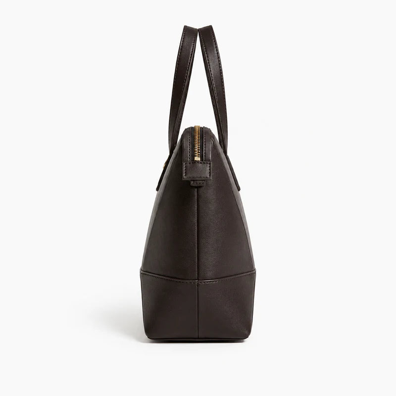 Geometric Panel Top Zip Structured Leather Tote Bag